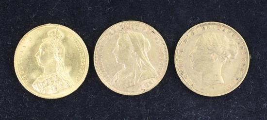 Three Victoria gold sovereigns,